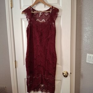 Free People Intimately Free Dress Sz M Lace Slip Midi Bodycon Sheer Burgundy